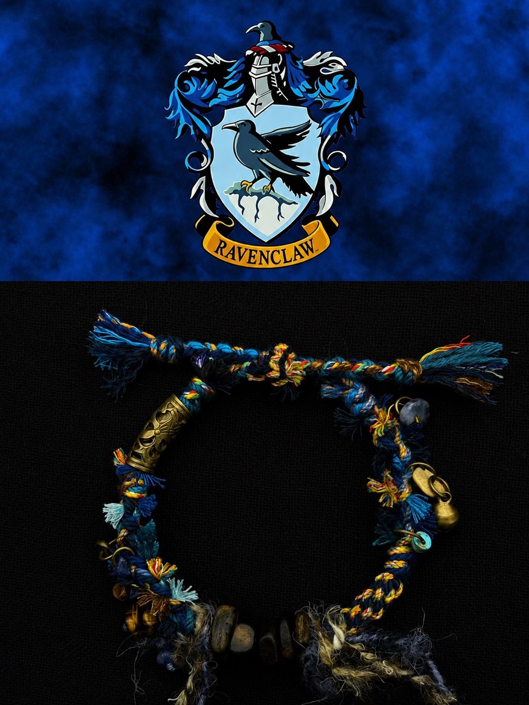 Ravenclaw emblem above a dark blue handmade cord bracelet