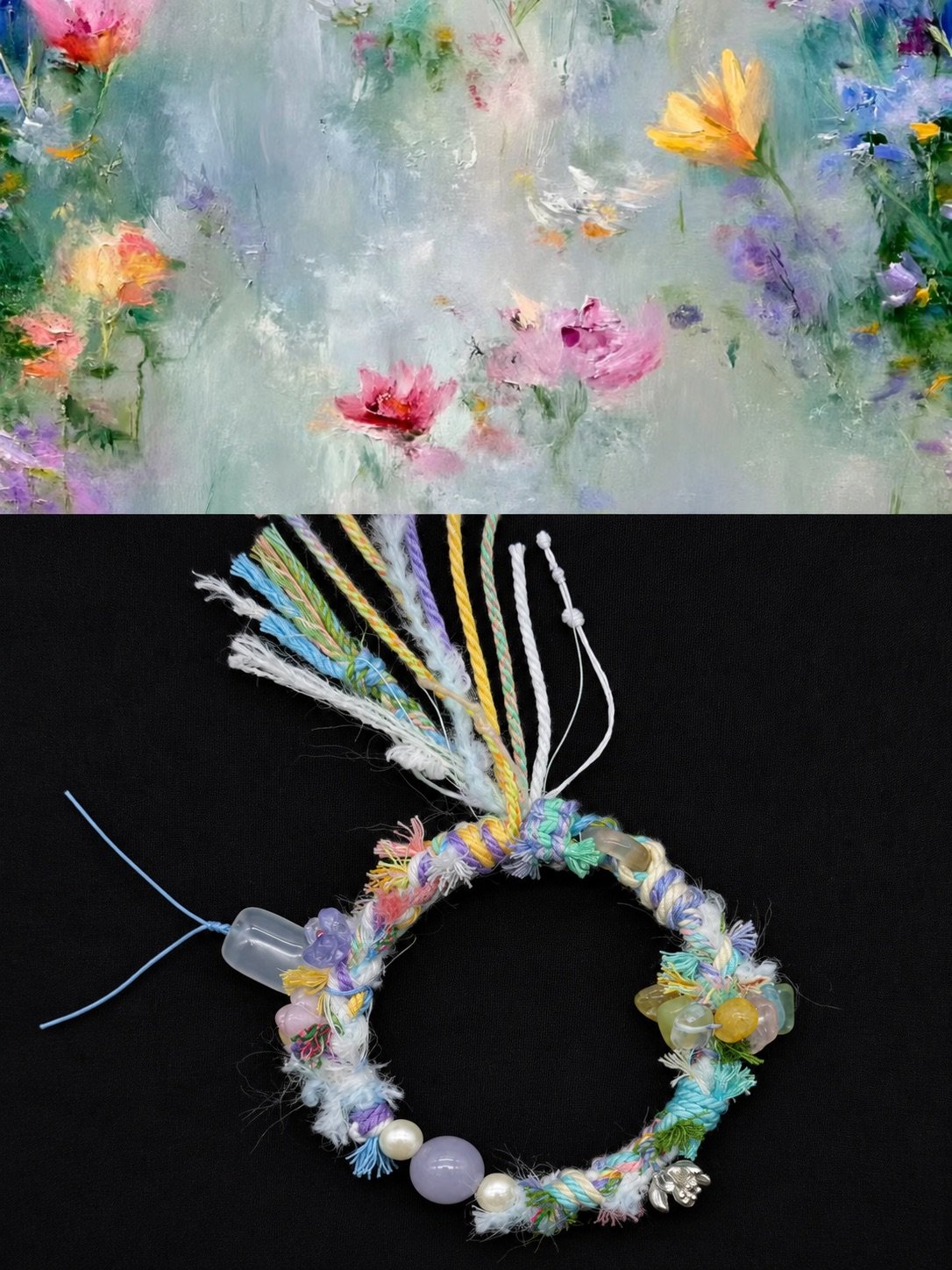 Pastel flower painting above a handmade multicolour cord bracelet