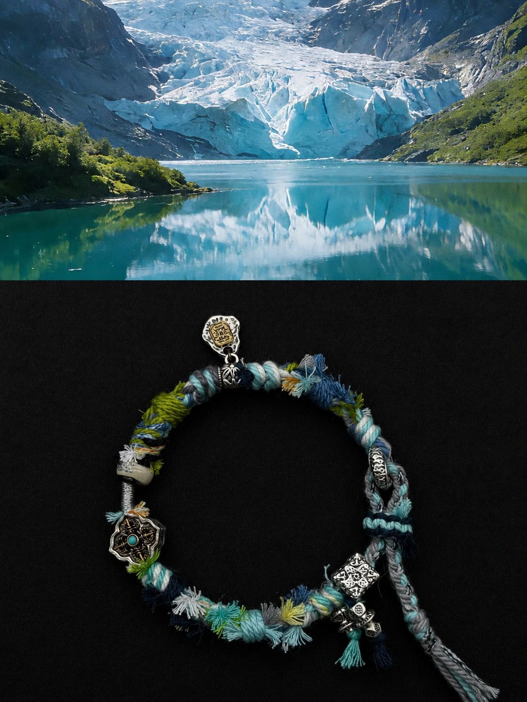 Glacier lake above a blue and green handmade bracelet