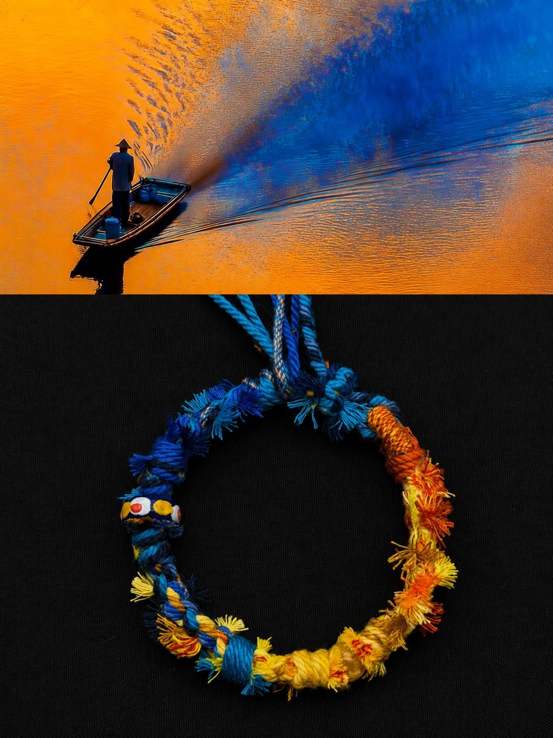 Blue and orange water scene above a blue, orange and yellow handmade bracelet