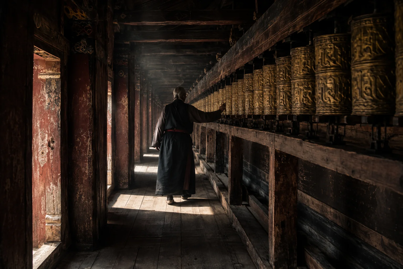 A corridor of prayer wheels