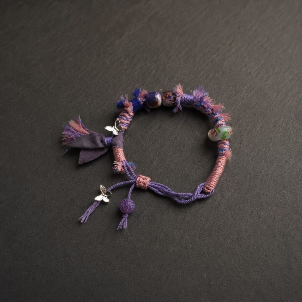 LHARI Lilac Butterfly Prayer Cord Bracelet black background 45-degree view