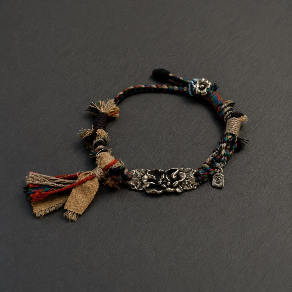 LHARI Silver Lotus Protection Bracelet black background 45-degree view
